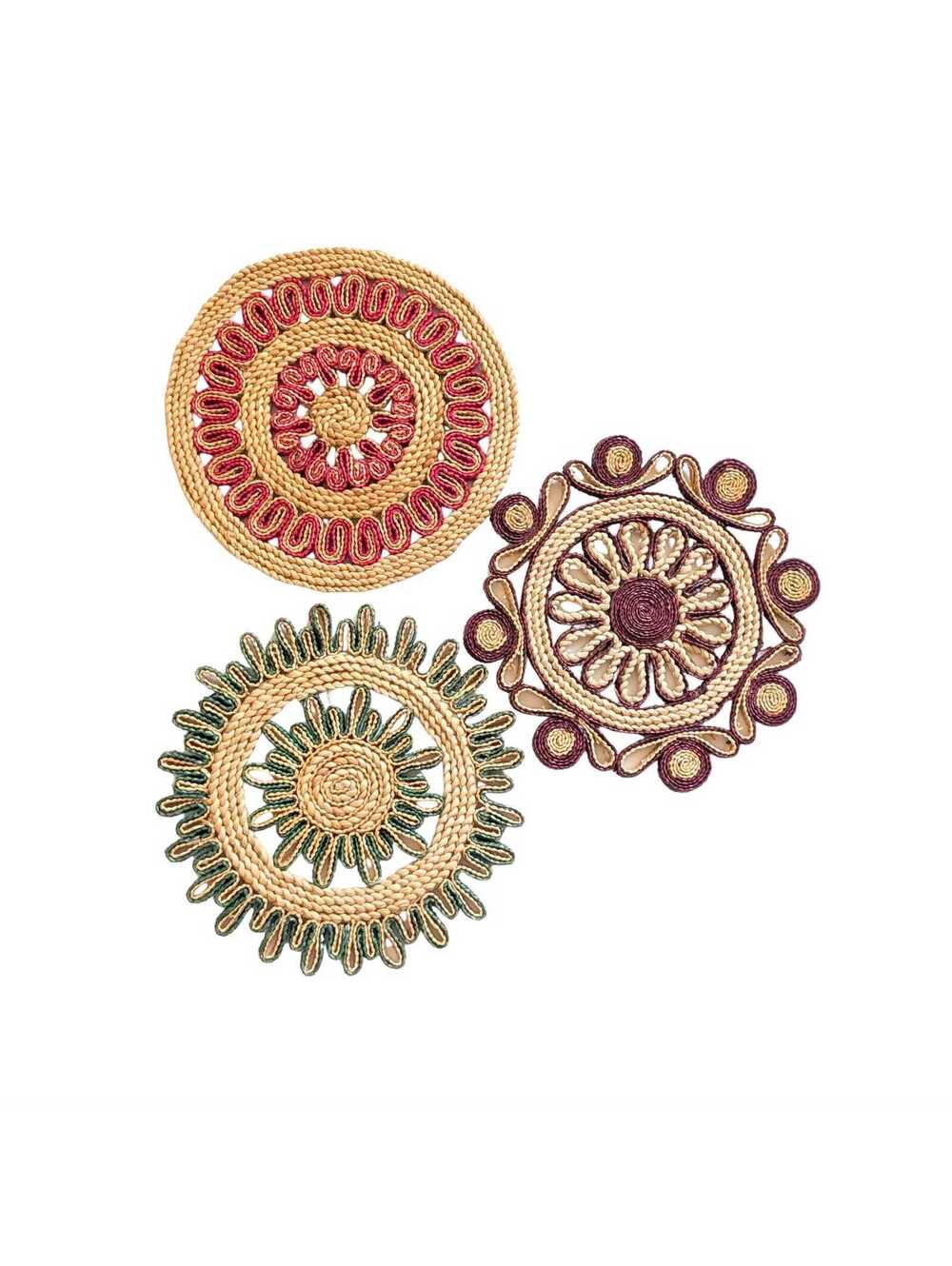 Colorful Vintage Woven Raffia Wicker Trivet Set